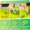 A collage showing a child's knife set being used to cut fruit and vegetables, with accompanying marketing text and icons. Produktbild-Vorschau