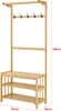 A wooden coat rack with shelves and hooks, shown against a white background with dimensions indicated. Náhled obrázku produktu