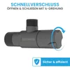 A close-up shot of a black plumbing valve with text overlays and a circular arrow indicating movement. Produktbild-Vorschau