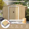 A metal shed with a wood grain finish is shown outdoors with rain falling. Various features are highlighted with text and diagrams. Podgląd zdjęcia produktu