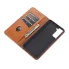 A brown leather wallet-style phone case is shown open, revealing card slots and a money pocket. The phone holder area is visible and black. Produktbild-Vorschau