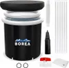A black inflatable hot tub with accessories laid out around it on a white background. Produktbild-Vorschau