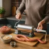 A person is using a manual sausage stuffer in a kitchen setting. Podgląd zdjęcia produktu