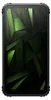 A front-facing view of a black rugged smartphone with a green abstract wallpaper on its screen. Produktbild-Vorschau
