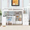 A white loft bed with a desk and shelves underneath, set up in a child's room.