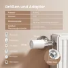 A diagram showing technical specifications and adapters for a smart radiator thermostat, with a close-up of the thermostat attached to a radiator. Produktbild-Vorschau