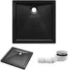 A black square shower tray and a drain fitting are shown against a white background. Produktbild-Vorschau