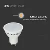 A V-TAC LED spotlight bulb is shown with a close-up of its SMD LEDs and text highlighting its features. Produktbild-Vorschau