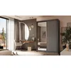 A bedroom scene featuring a vanity area with a large round mirror, a chair, and a dressing table, adjacent to a sliding door wardrobe. Produktbild-Vorschau