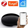 A black smart remote control device is shown next to a smartphone displaying a remote control interface. Logos for Tuya and another brand are visible in the top left corner. Produktbild-Vorschau