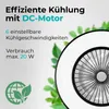 A product image with text and graphics highlighting features, with a partial view of a fan and green leaves in the background. Produktbild-Vorschau