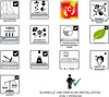 A collage of icons and text describing product features and benefits, with a small illustration of a person installing the product. Produktbild-Vorschau