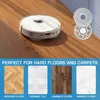 A robot vacuum cleaner is shown on a wooden floor, with examples of different floor types below. Anteprima dell’immagine prodotto