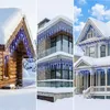 A collage of three different houses decorated with blue icicle lights during winter. Produktbild-Vorschau