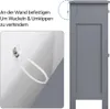Close-up of a gray cabinet with an inset showing how to attach it to a wall for stability, using zip ties and a bracket. Produktbild-Vorschau