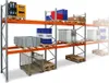 A warehouse shelving unit filled with various items like crates, drums, and boxes. Produktbild-Vorschau