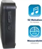 A close-up side view of a black electronic device with icons and text describing its features. Produktbild-Vorschau