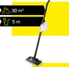 A steam cleaner is shown against a background with yellow and black graphic elements. Text overlays indicate product features. Voir les images du produit