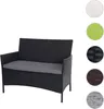 A black poly-rattan garden bench with a gray cushion, shown on a white background. To the right are circular swatches of different colors and textures. Náhľad obrázku produktu