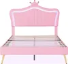 A pink upholstered bed frame with a crown-shaped headboard and LED lighting. Produktbild-Vorschau