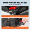 Close-up shots of a black water storage bladder with details on its inlet and outlet connections, including measurements and a hand operating a valve. Podgląd zdjęcia produktu