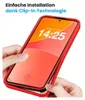 Hands are holding a red phone case around a smartphone displaying a clock. Produktbild-Vorschau