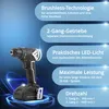 A black and white cordless drill is shown against a blue background with glowing light effects and text overlays describing its features. Produktbild-Vorschau