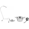 A set of stainless steel cooking and serving utensils, including a mini-kettle, a stand, a small plate, and a ladle, arranged on a white background. Anteprima dell’immagine prodotto