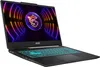 A black MSI gaming laptop is shown from a diagonal angle, with its screen displaying a colorful graphic and the keyboard illuminated with blue light. Produktbild-Vorschau