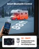 A motorhome is parked in a snowy landscape, with a hand holding a smartphone displaying a heating control app, and a large '98ft' graphic on the ground. Produktbild-Vorschau