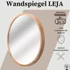 A round wooden framed mirror is shown with text overlays describing its features. Produktbild-Vorschau