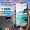 A hand holding a smartphone with a screen protector applied, showcasing a beach scene on the screen. The back of another phone is visible on the left. Produktbild-Vorschau