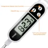 A close-up view of a digital food thermometer, showing its display screen and buttons, with labels pointing to different functions. Produktbild-Vorschau