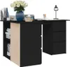 A black corner desk with a bookshelf on the left side, featuring books, a vase of flowers, and a desk lamp. Produktbild-Vorschau