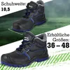 Two views of a black winter safety boot with blue accents, set against a green and white background with diagonal green lines. Produktbild-Vorschau