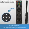 A remote control is shown with a close-up of its directional pad and text highlighting its features. Produktbild-Vorschau