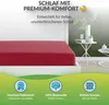 A red fitted sheet on a bed, with marketing text and icons below. Produktbild-Vorschau