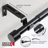 A black metal curtain rod bracket and rod with end cap, shown mounted to a wall. Includes close-up views and text annotations. Produktbild-Vorschau