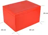 A red wooden storage box with dimensions indicated by measurement lines and text. Produktbild-Vorschau