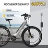 An e-bike is shown with marketing text highlighting its features, and a charger plugged into a wall. Produktbild-Vorschau