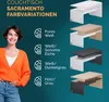 A woman is shown next to a series of coffee table color variations, with text describing the options. Anteprima dell’immagine prodotto