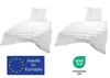 Two white duvets and pillows are displayed side-by-side on a white background, with two certification logos below. Produktbild-Vorschau