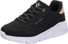 A studio shot of a black Skechers sneaker with rose gold accents and a white sole. Voir les images du produit
