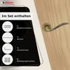 A door handle set is displayed with its included components listed. Produktbild-Vorschau