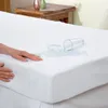 A hand is shown pressing down on a white mattress protector, demonstrating its absorbency as water spills from a glass onto it. Náhled obrázku produktu