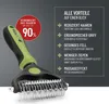 A grooming tool for pets is shown with marketing text highlighting its benefits. Produktbild-Vorschau