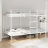 A white metal bunk bed with mattresses and bedding, set up in a room with a dresser and lamp in the background. Náhled obrázku produktu