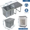 A diagram showing dimensions and features of a pull-out kitchen trash can system, with a separate image of a cabinet opening for it. Náhľad obrázku produktu