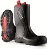 A pair of black Dunlop Purofort+ S5 work boots are shown against a white background. One boot is standing upright, and the other is lying on its side, showing the sole. Náhľad obrázku produktu