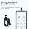 A product shot of a smartphone infrared transmitter and a smartphone displaying a remote control app. Produktbild-Vorschau